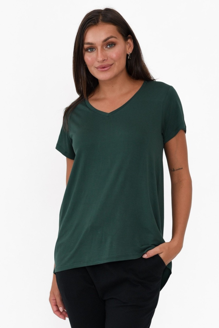 Clothing Betty Basics Sleeved Tops | Matilda Forest Green V Neck Tee