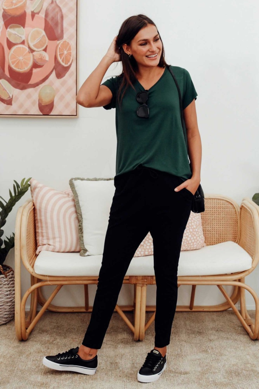 Clothing Betty Basics Sleeved Tops | Matilda Forest Green V Neck Tee