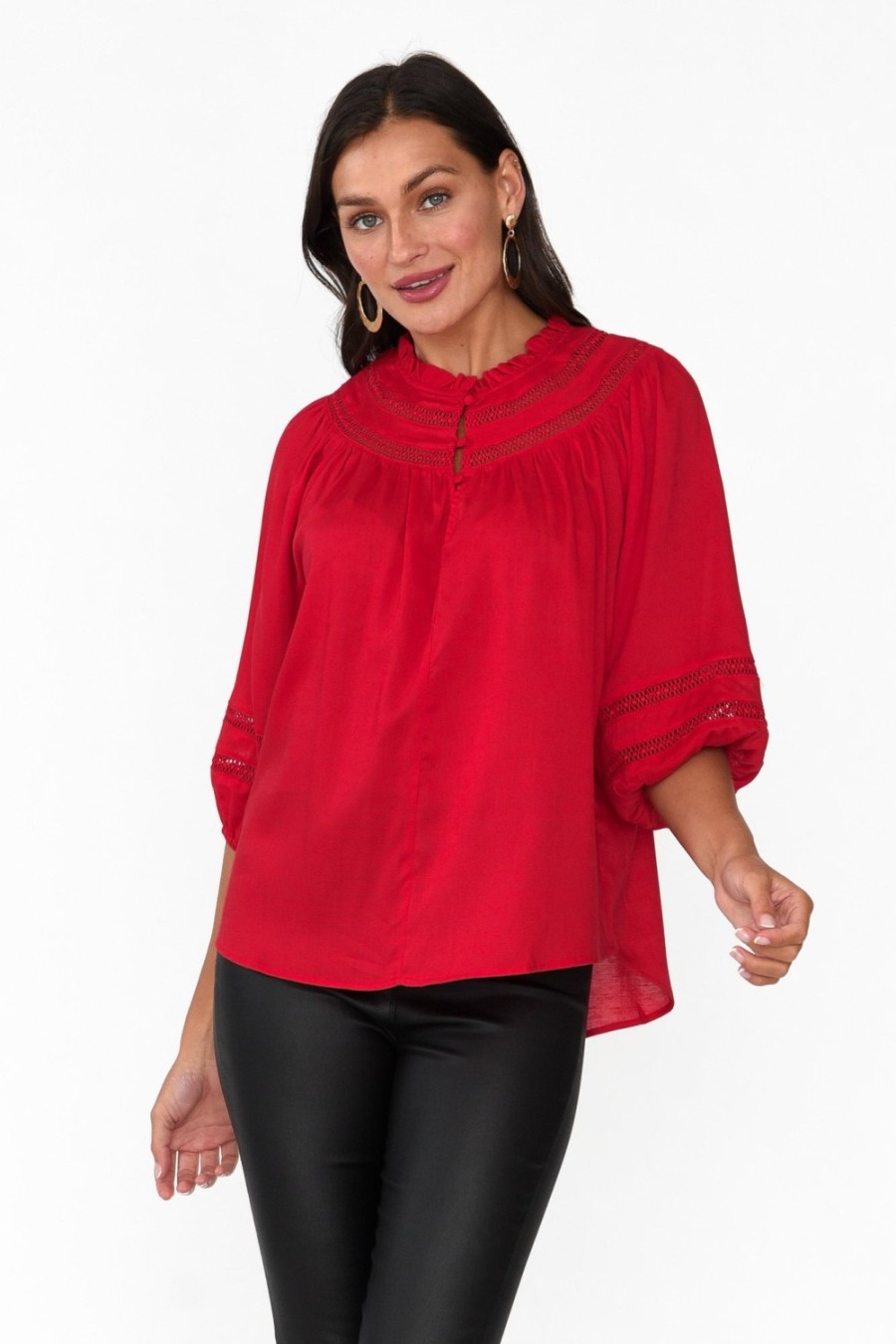 Clothing Fate Becker Sleeved Tops | Faraway Red Ladder Trim Top