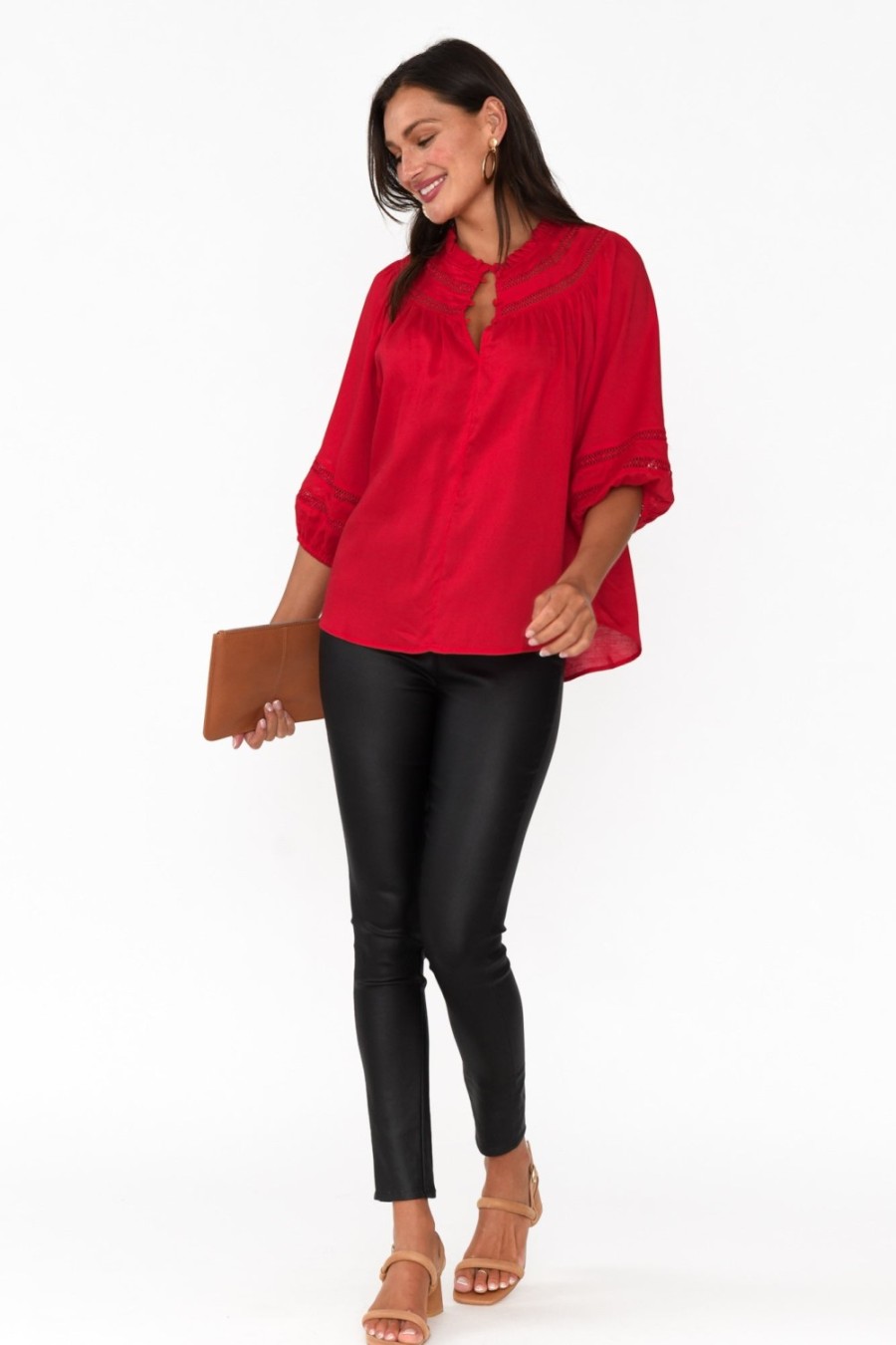 Clothing Fate Becker Sleeved Tops | Faraway Red Ladder Trim Top