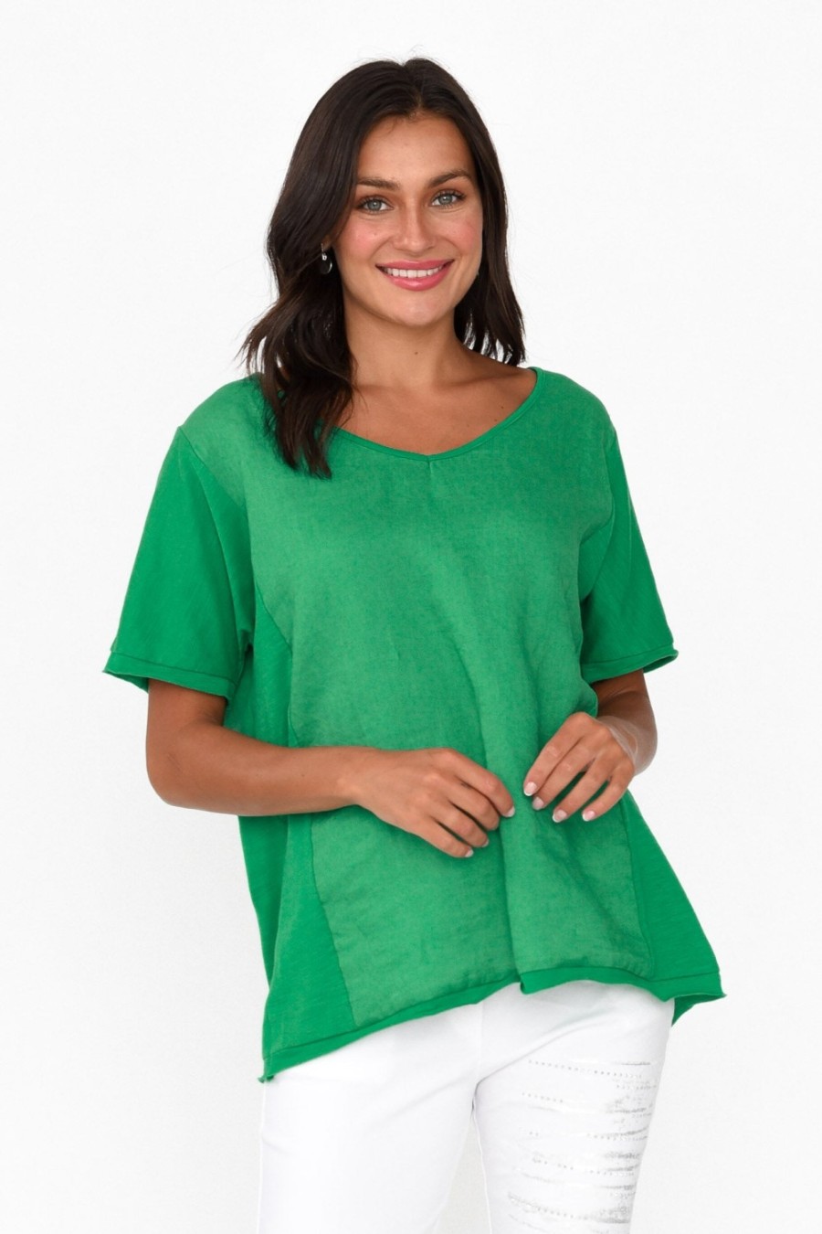 Clothing Cali and Co Cotton Tops | Ishana Green Linen Cotton Top