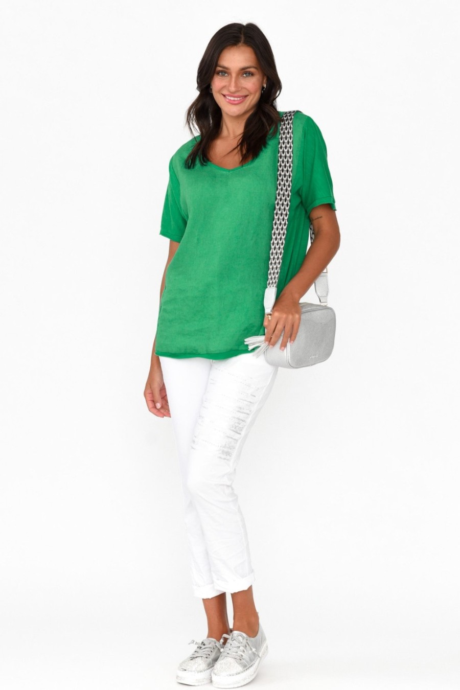 Clothing Cali and Co Cotton Tops | Ishana Green Linen Cotton Top