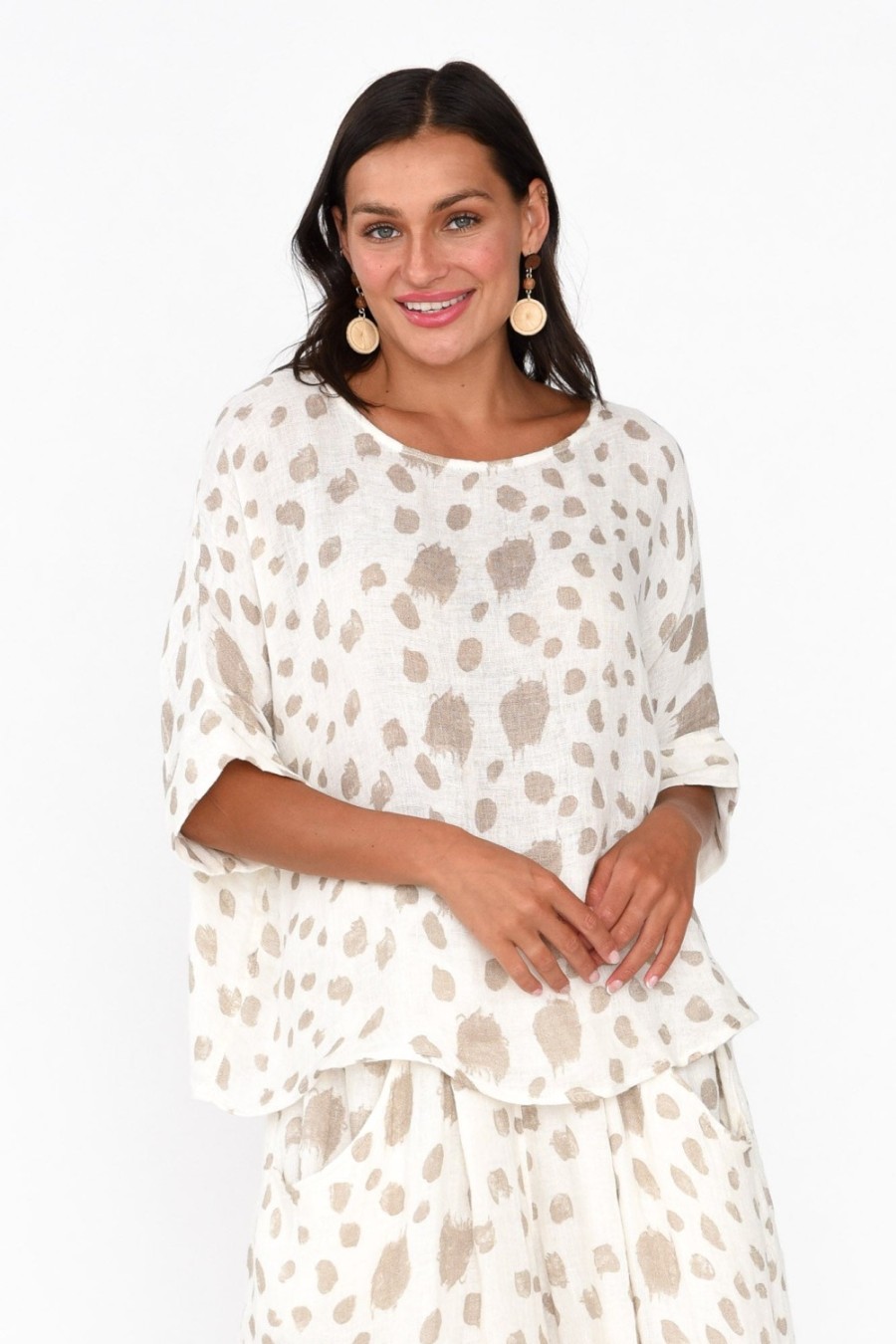 Clothing Imagine Linen Tops | Akoni Beige Spot Linen Top