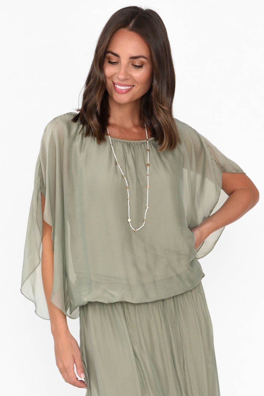 Clothing Fabuler Sleeved Tops | Evaline Sage Silk Layer Top