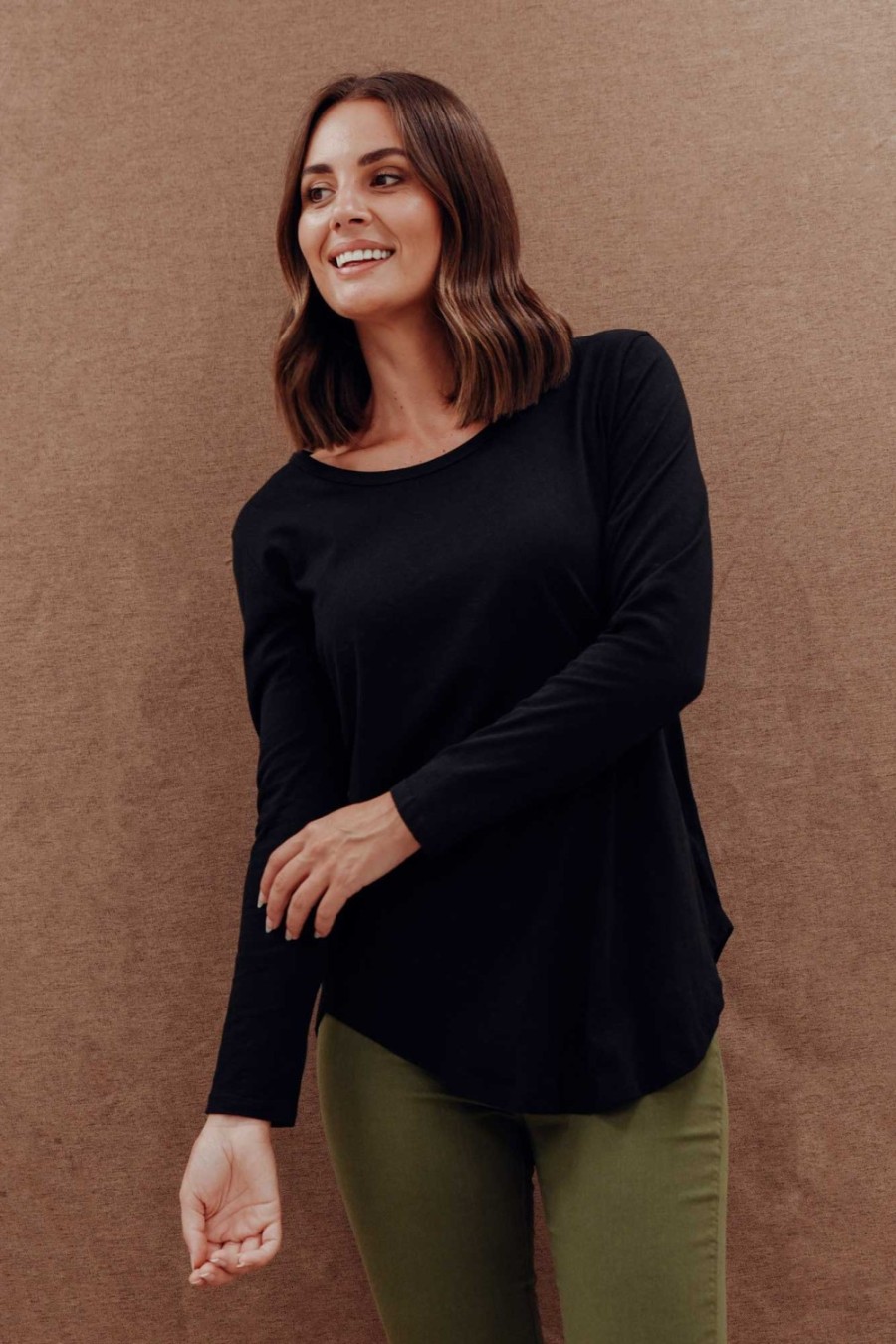 Clothing Betty Basics Cotton Tops | Megan Black Cotton Long Sleeve Top