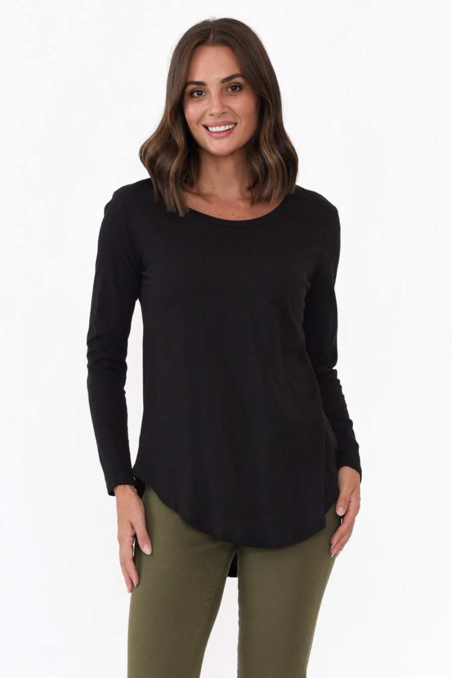 Clothing Betty Basics Cotton Tops | Megan Black Cotton Long Sleeve Top