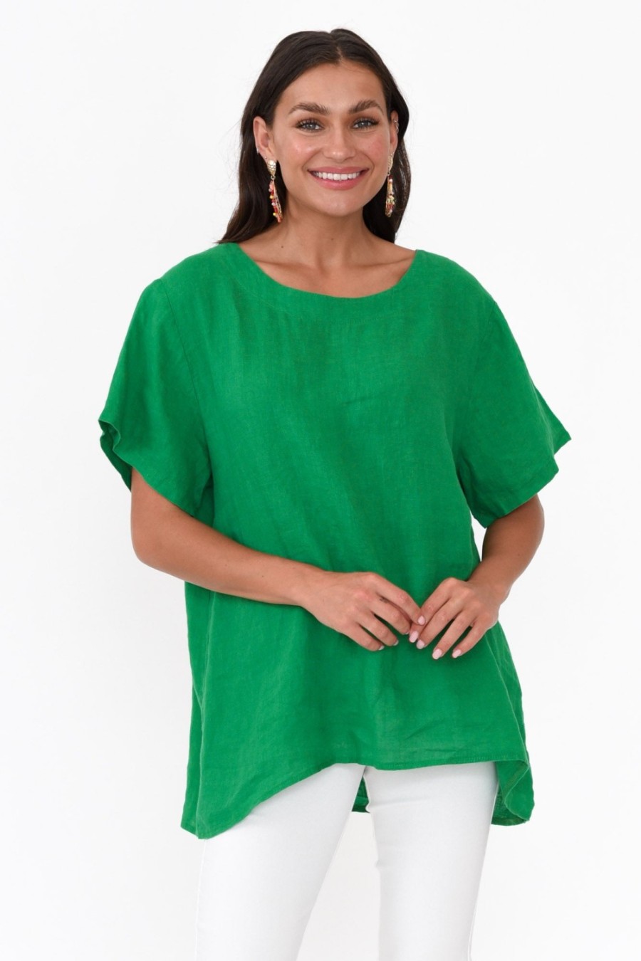 Clothing Cali and Co Linen Tops | Micah Green Linen Scoop Neck Top