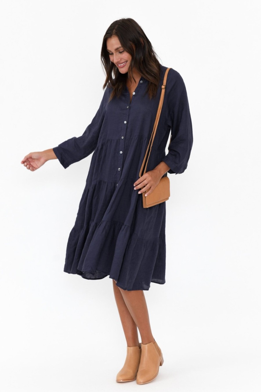 Clothing Worthier Linen Dresses | Hadley Navy Linen Tiered Dress