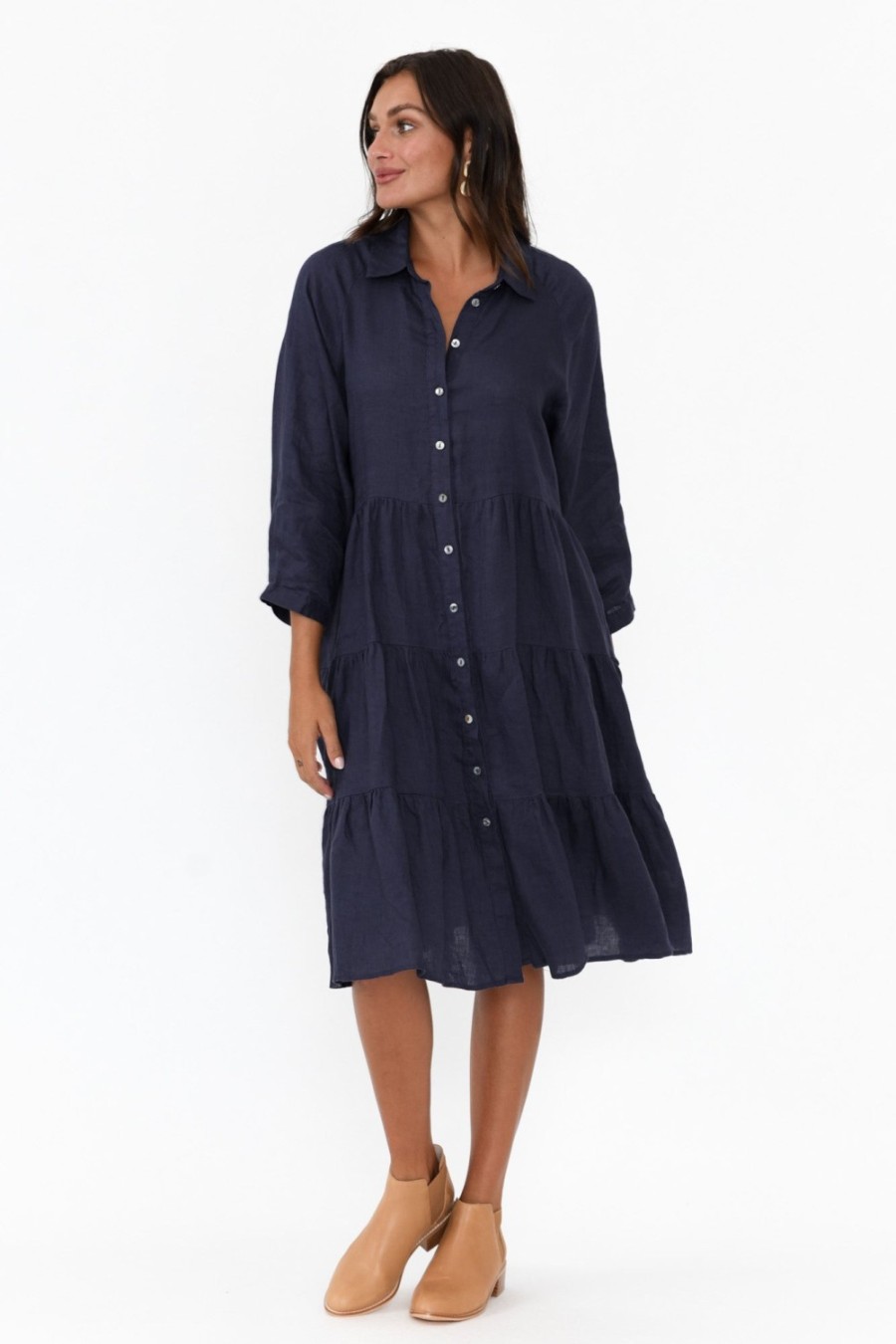 Clothing Worthier Linen Dresses | Hadley Navy Linen Tiered Dress