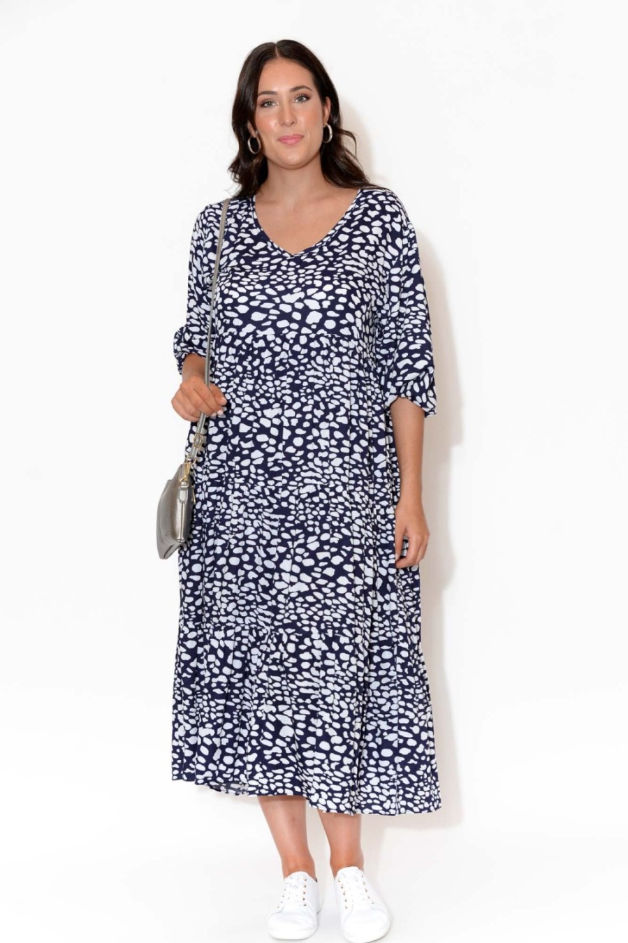 Clothing Red Lotus Midi Dresses | Eden Navy Spot Tiered Midi Dress