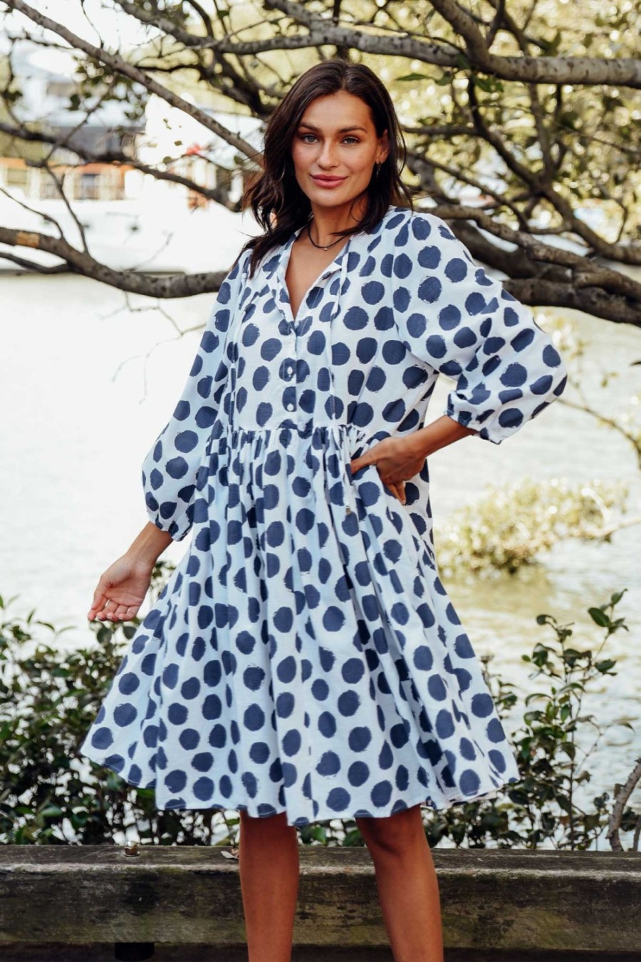 Clothing Cali and Co Cotton Dresses | Frieda Navy Spot Cotton Tie Dress