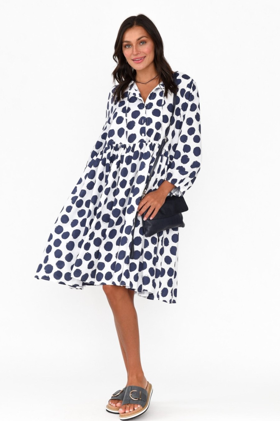 Clothing Cali and Co Cotton Dresses | Frieda Navy Spot Cotton Tie Dress