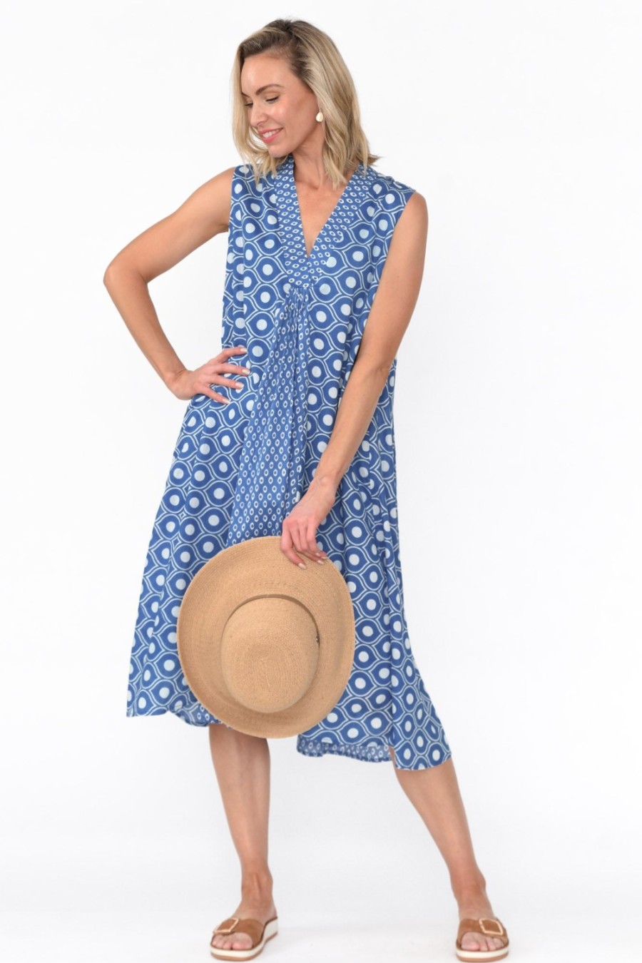 Clothing Mozaic Midi Dresses | Melina Blue Circle Cotton Dress