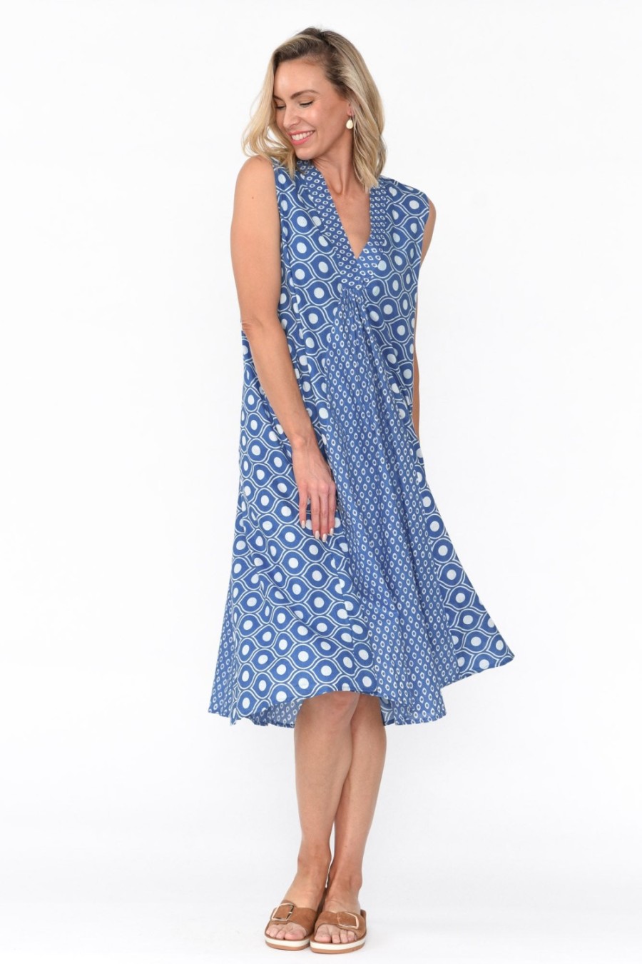 Clothing Mozaic Midi Dresses | Melina Blue Circle Cotton Dress