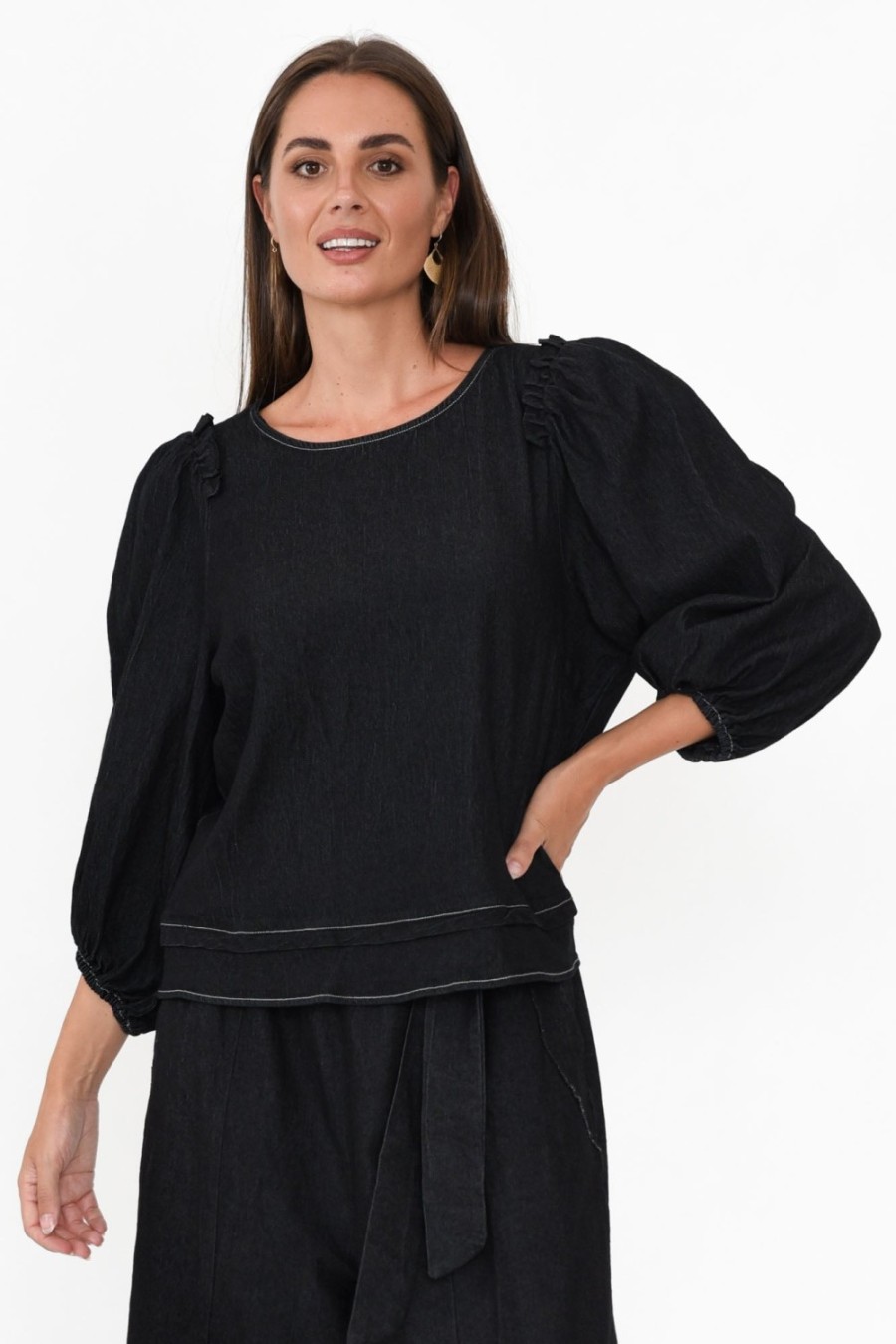 Clothing Cali and Co Cotton Tops | Ferguson Black Cotton Blend Frill Top