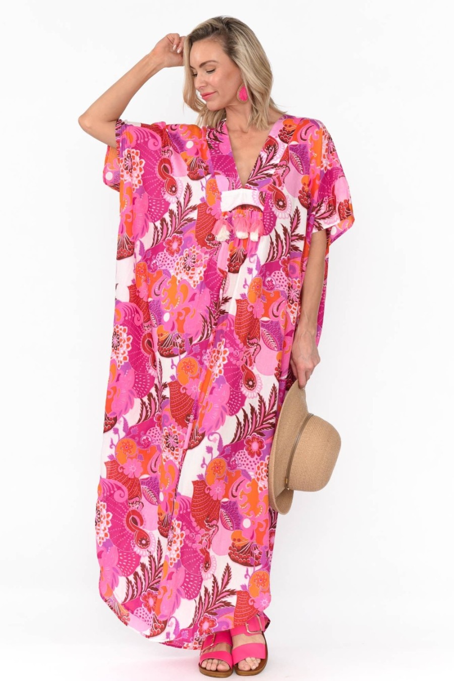 Clothing Mozaic Cotton Dresses | Tiwi Pink Tropical Cotton Kaftan