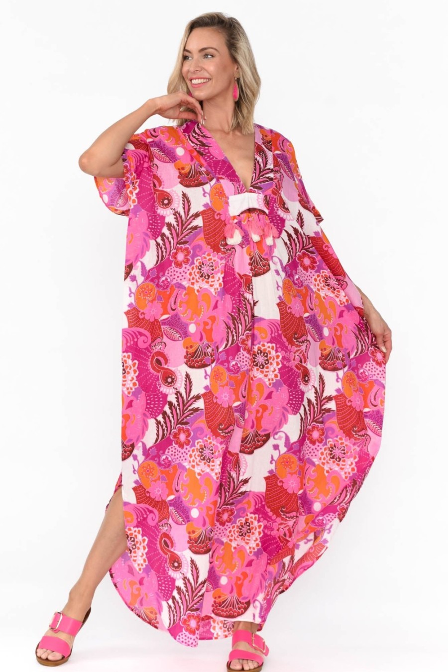 Clothing Mozaic Cotton Dresses | Tiwi Pink Tropical Cotton Kaftan