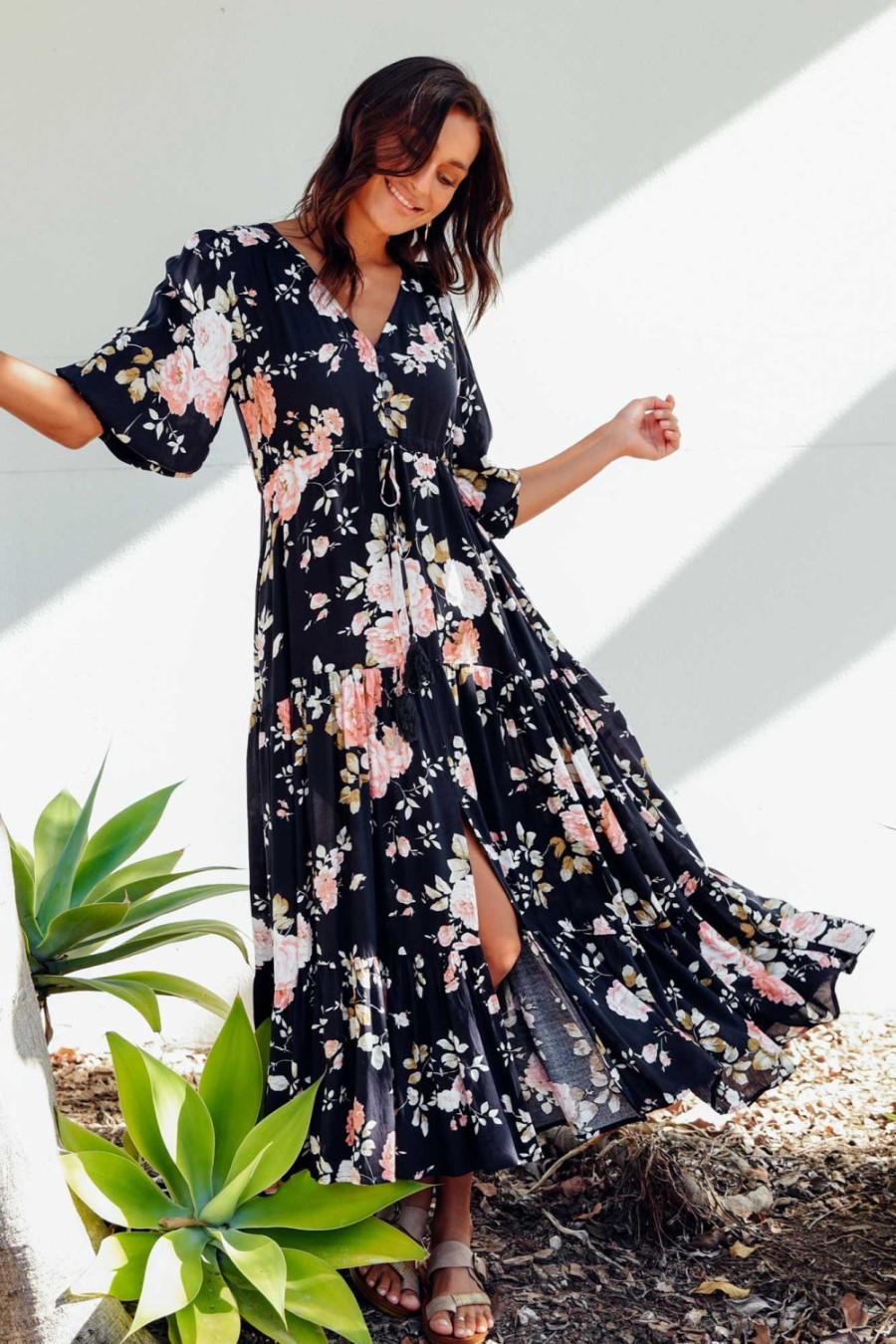 Clothing Silver Wishes Sleeved Dresses | Butler Navy Blossom Tie Maxi Dress