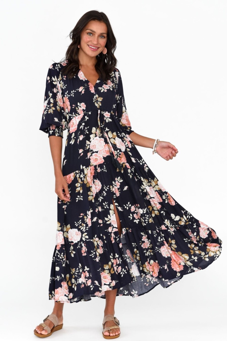 Clothing Silver Wishes Sleeved Dresses | Butler Navy Blossom Tie Maxi Dress