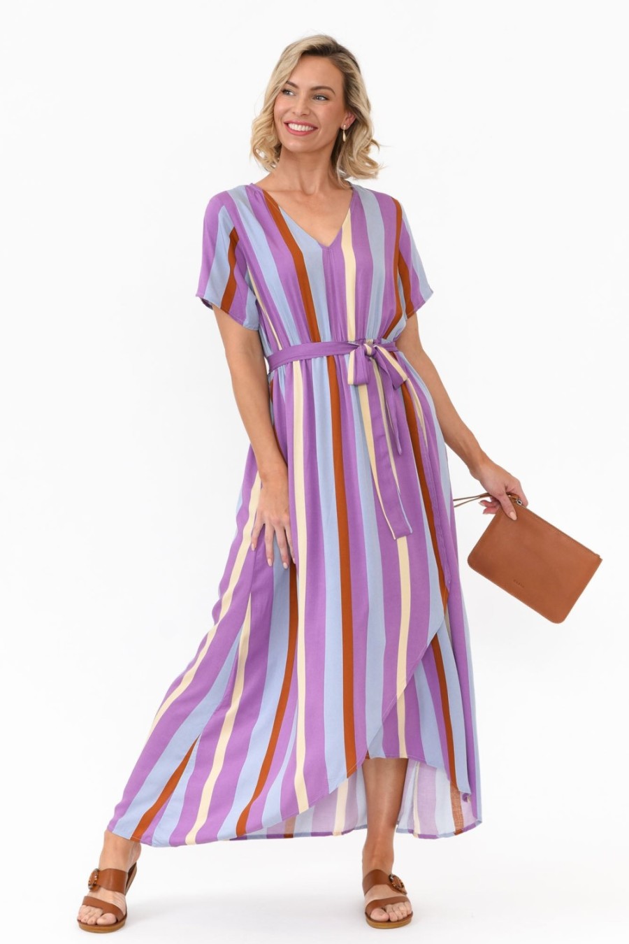 Clothing PQ Maxi Dresses | Joy Purple Stripe Elastic Waist Dress