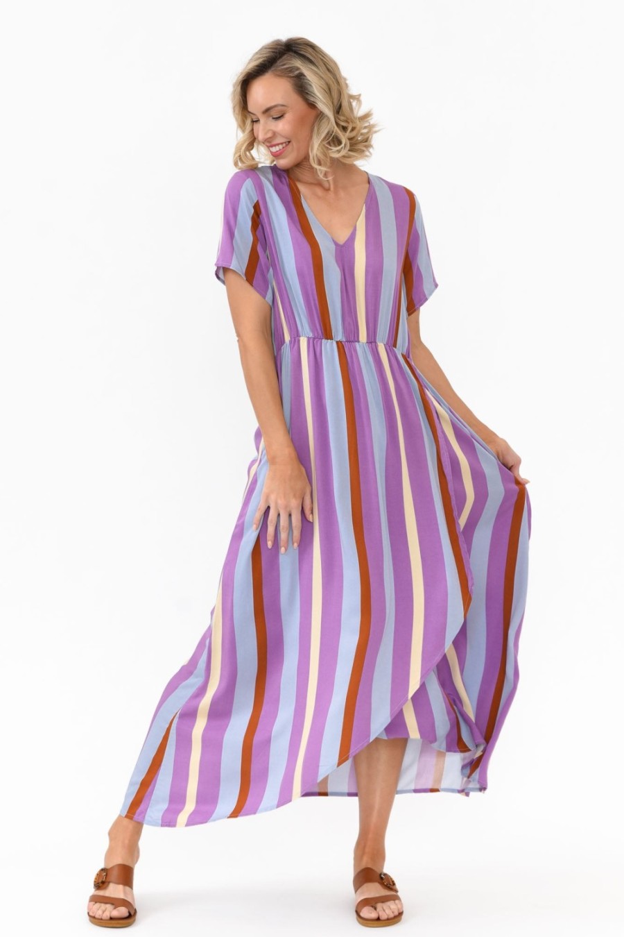 Clothing PQ Maxi Dresses | Joy Purple Stripe Elastic Waist Dress