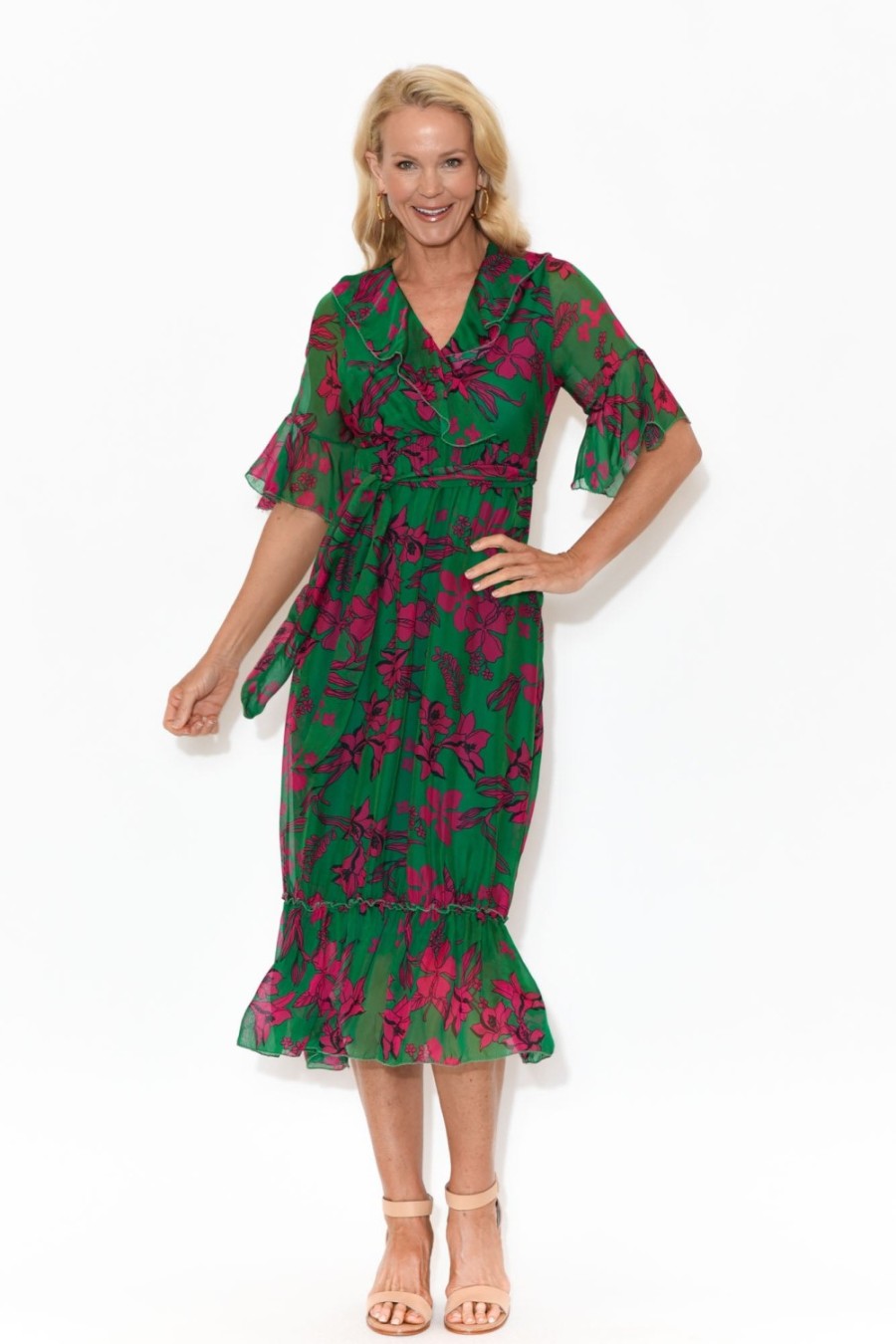 Clothing La Strada Midi Dresses | Charlotte Fuchsia Floral Silk Tie Dress