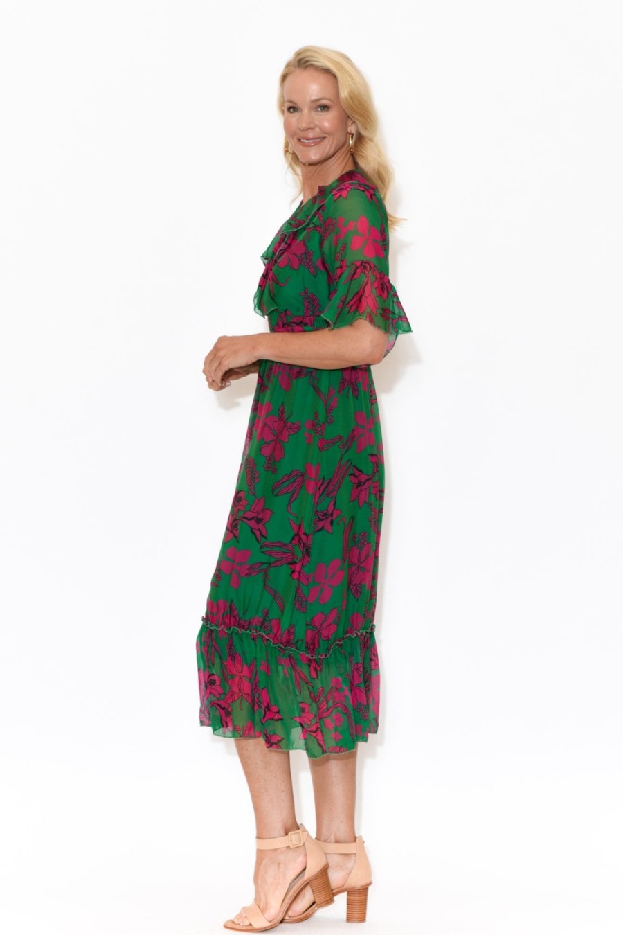 Clothing La Strada Midi Dresses | Charlotte Fuchsia Floral Silk Tie Dress