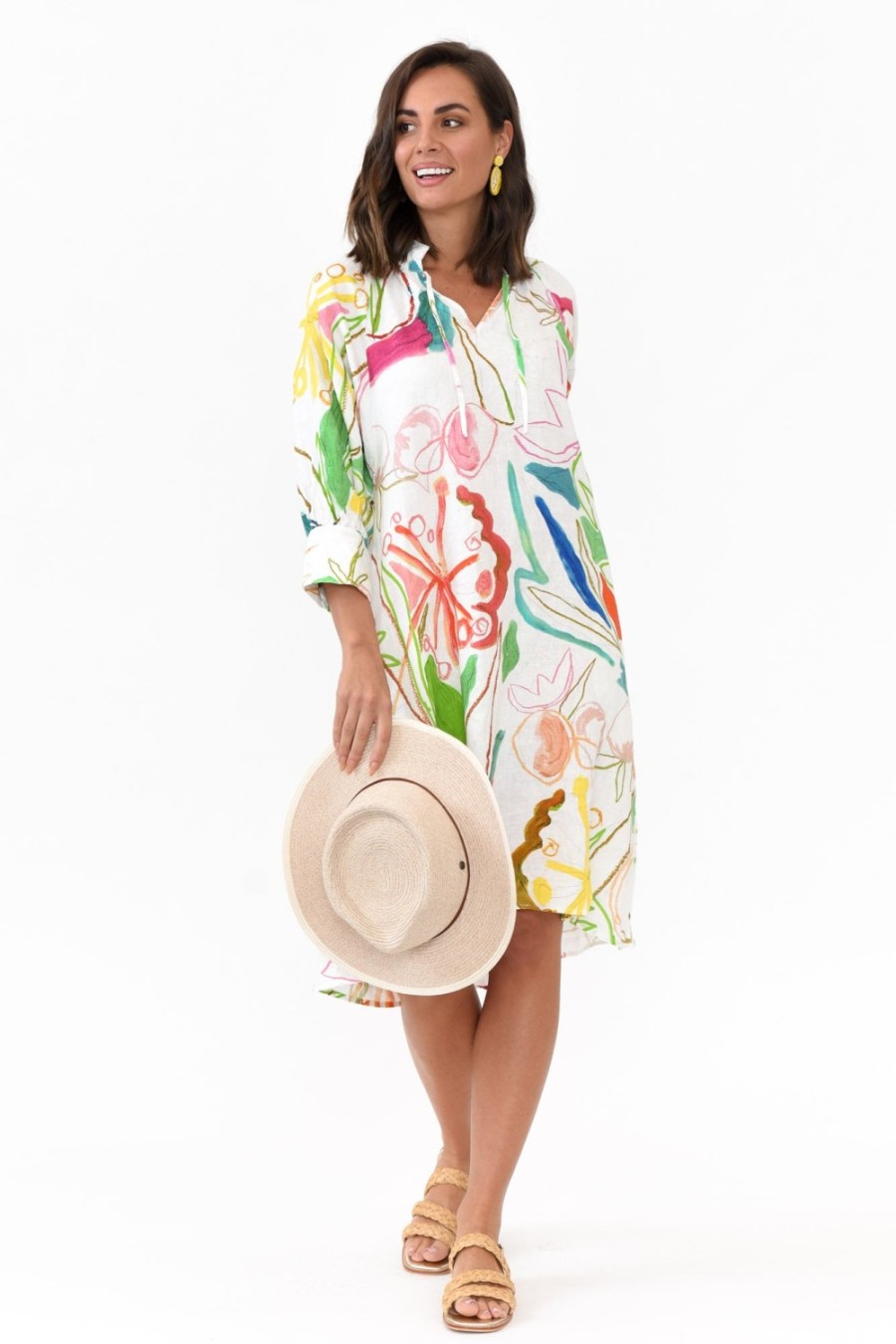 Clothing Wear Colour Linen Dresses | Bacall White Abstract Linen Dress