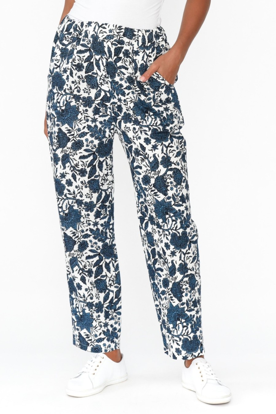 Clothing Cali and Co Pants | Fritz Navy Floral Linen Pant