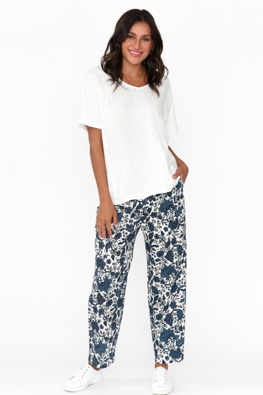 Clothing Cali and Co Pants | Fritz Navy Floral Linen Pant