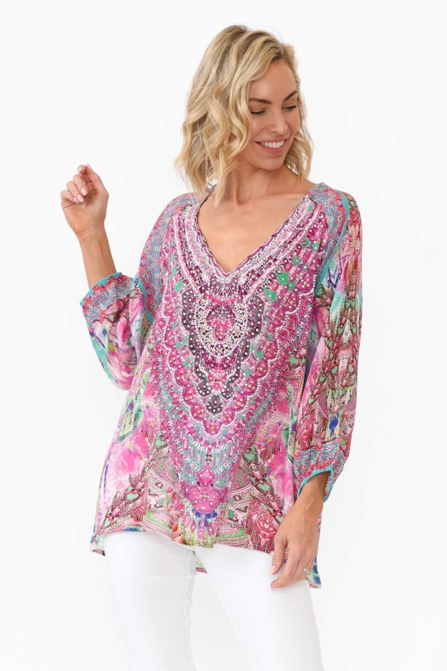 Clothing Fashion Spectrum Sleeved Tops | Zahara Pink Silk Gypsy Top