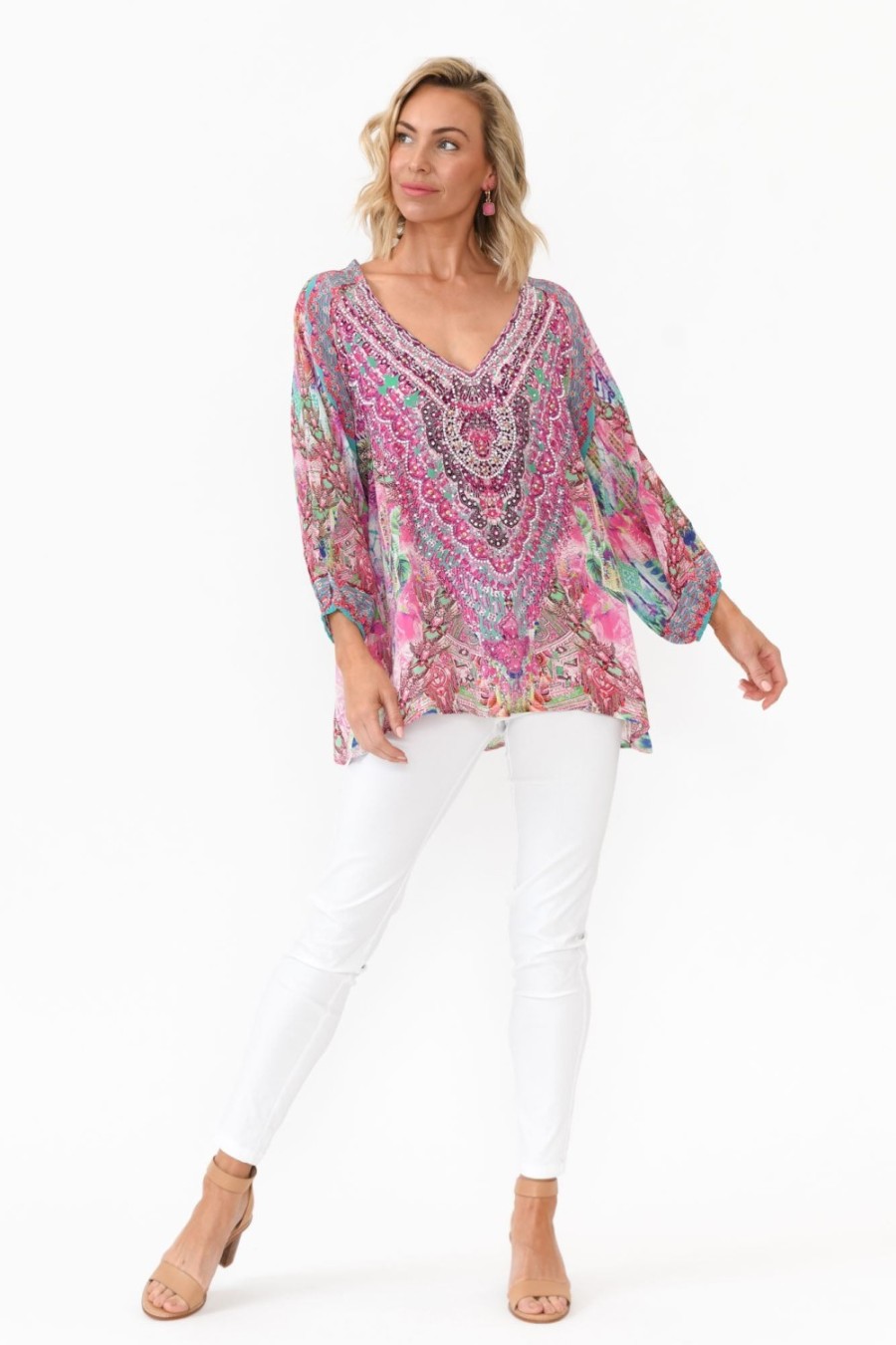 Clothing Fashion Spectrum Sleeved Tops | Zahara Pink Silk Gypsy Top