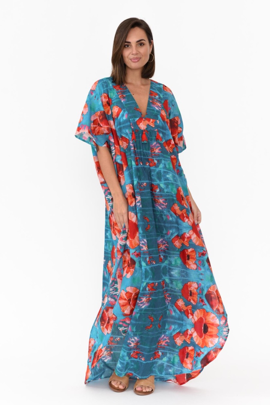 Clothing Mozaic Cotton Dresses | Tiwi Orange Poppies Cotton Kaftan