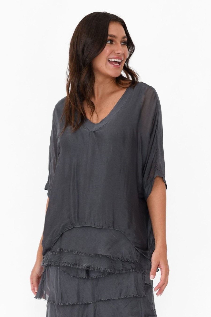 Clothing Italian Closet Sleeved Tops | Ranatia Charcoal Silk Batwing Top