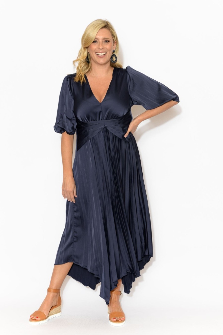 Clothing YH and CO Midi Dresses | Allison Navy Pleated Midi Dress