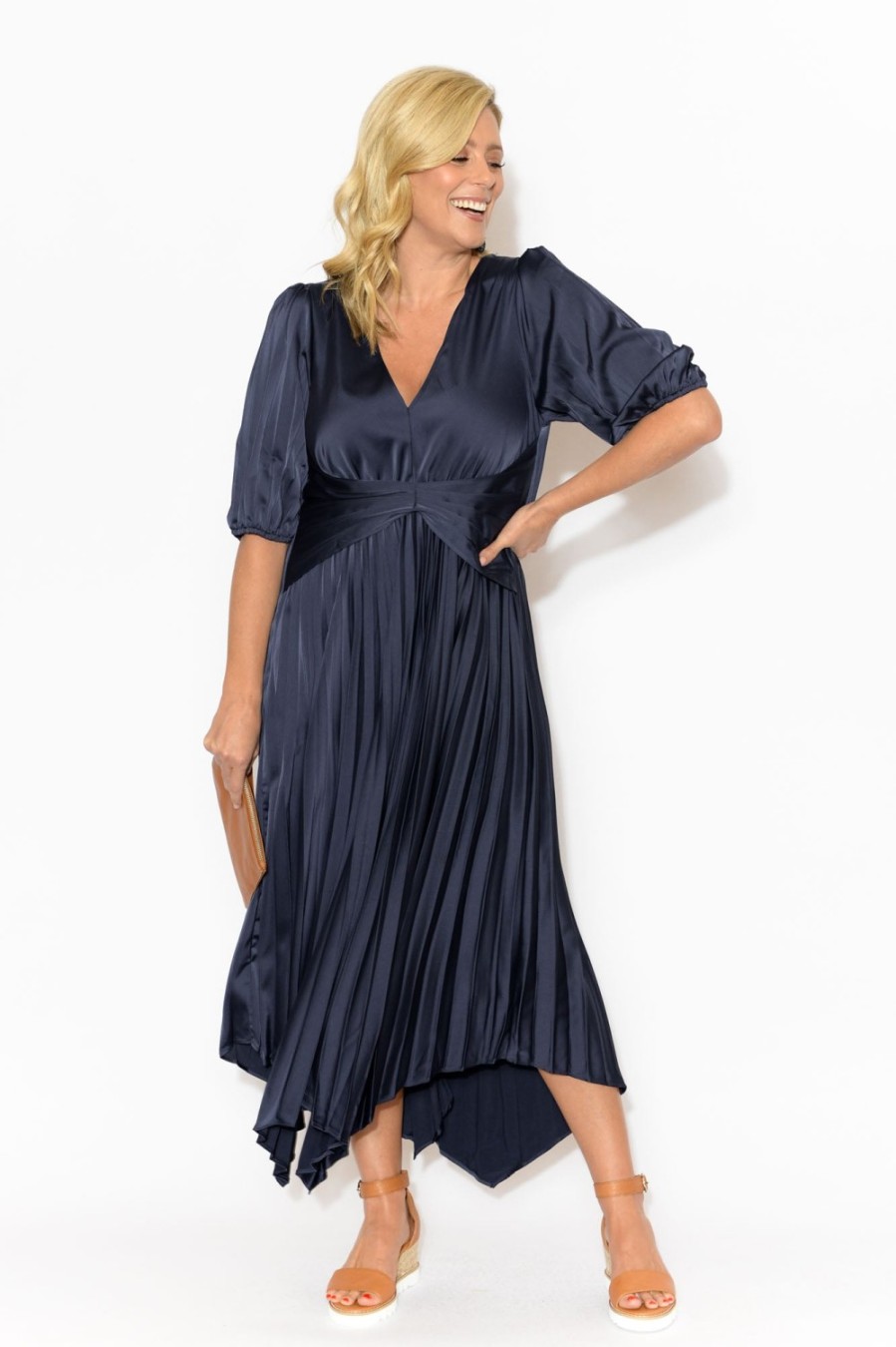 Clothing YH and CO Midi Dresses | Allison Navy Pleated Midi Dress