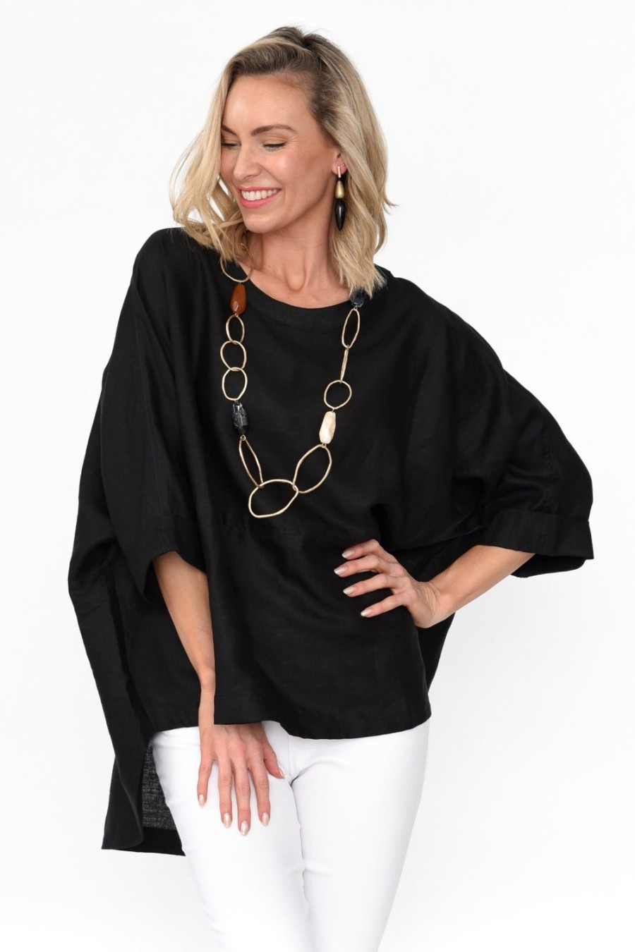 Clothing Tirelli Linen Tops | Holden Black Linen Pleat Top