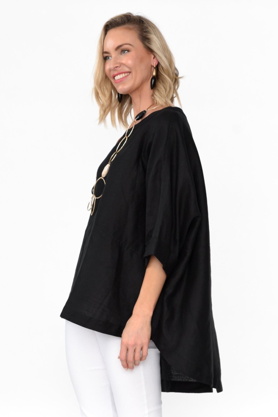 Clothing Tirelli Linen Tops | Holden Black Linen Pleat Top