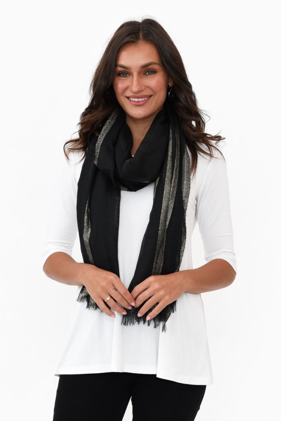 Clothing Lemon Tree Scarves | Lydia Black Stripe Metallic Scarf