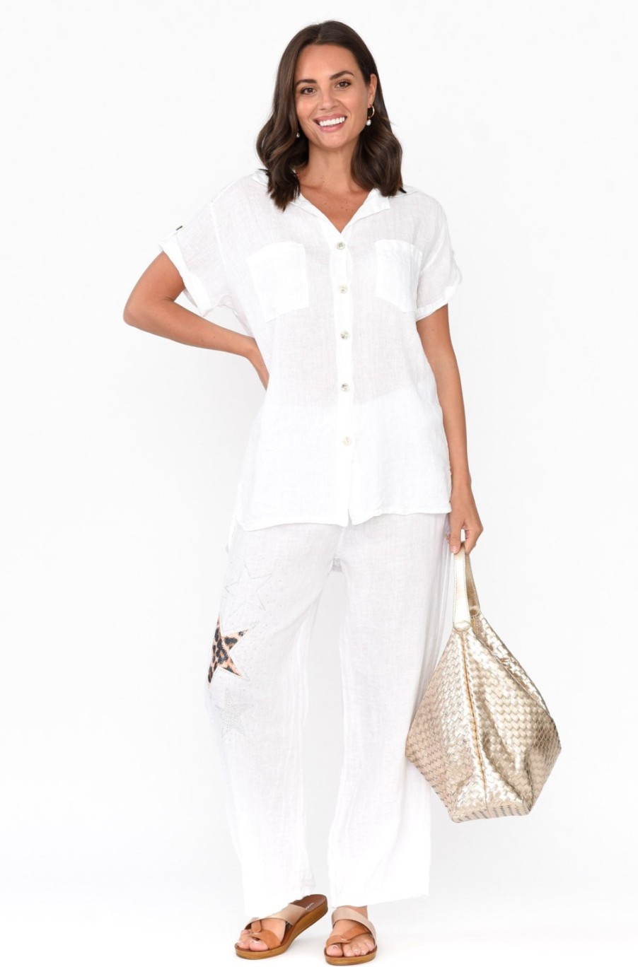 Clothing La Strada Linen Tops | Nalda White Leopard Linen Shirt