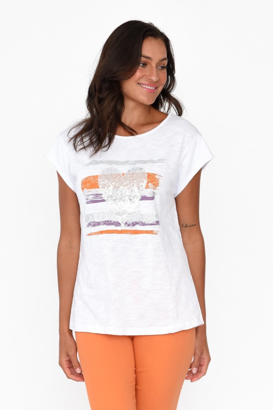 Clothing Cafe Latte Cotton Tops | Alberta Orange Cotton Sequin Tee