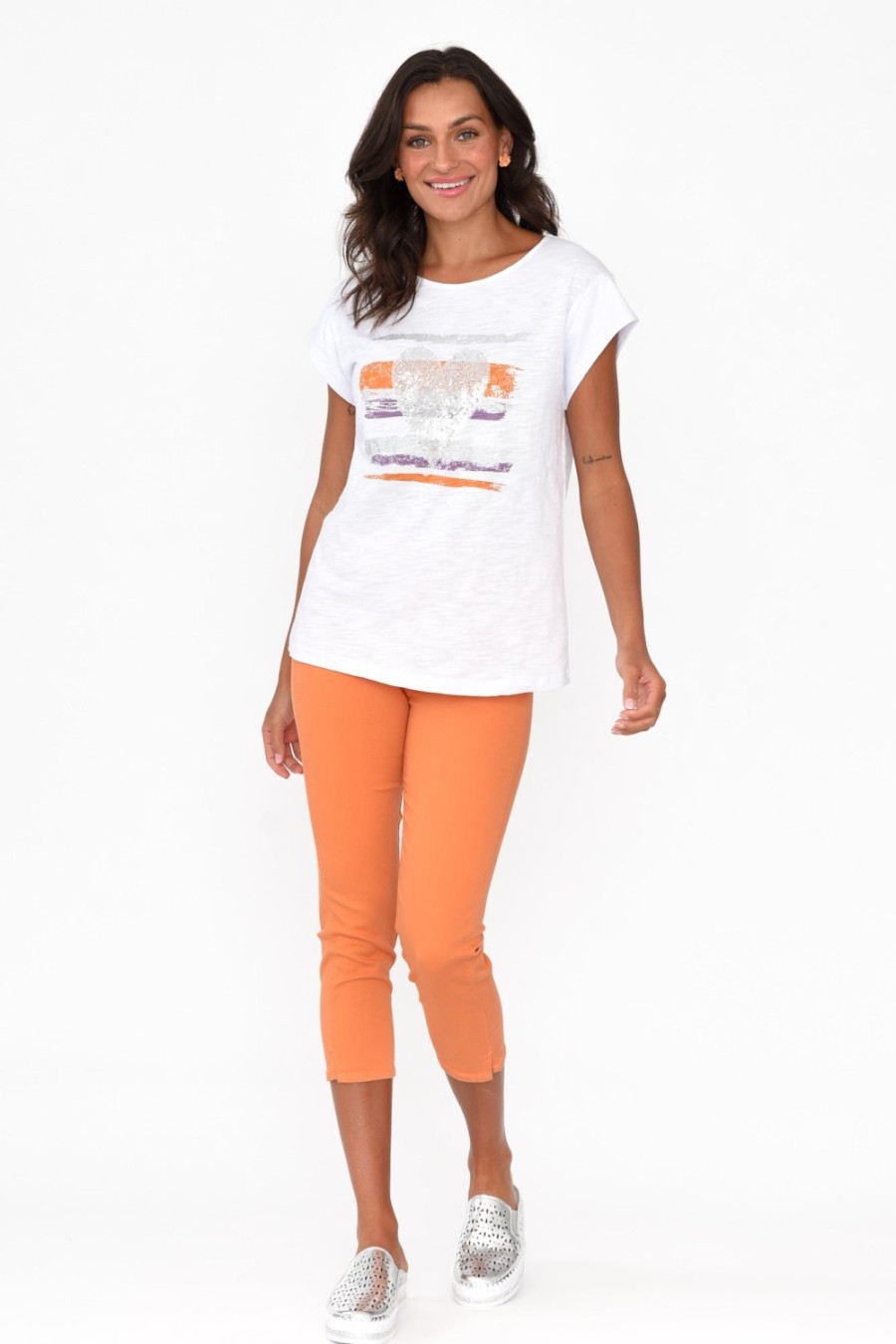 Clothing Cafe Latte Cotton Tops | Alberta Orange Cotton Sequin Tee