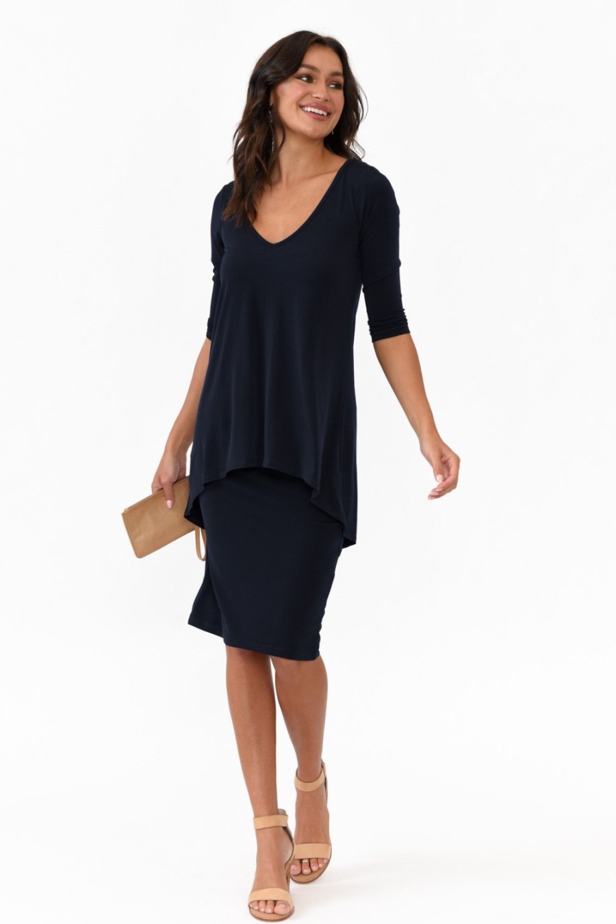 Clothing Illium Below Knee Dresses | Elara Navy V Neck Layered Dress