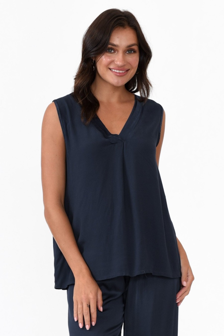 Clothing Italian Closet Sleeveless Tops | Manning Navy Gloss Top