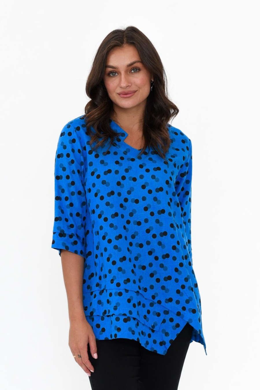 Clothing Ruby Rain Linen Tops | Adara Blue Spot Linen Cotton Top