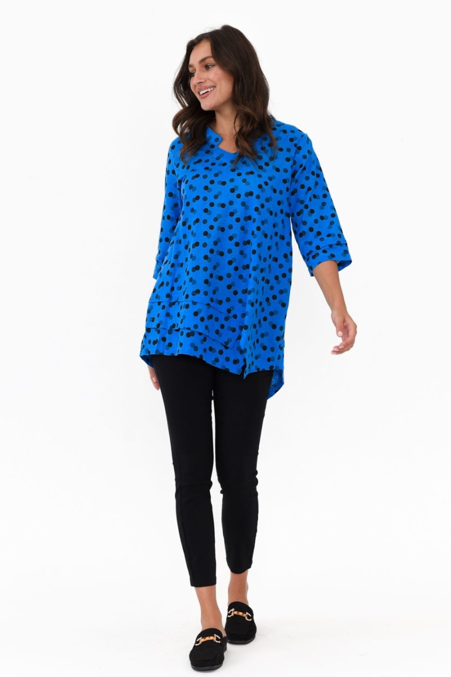 Clothing Ruby Rain Linen Tops | Adara Blue Spot Linen Cotton Top