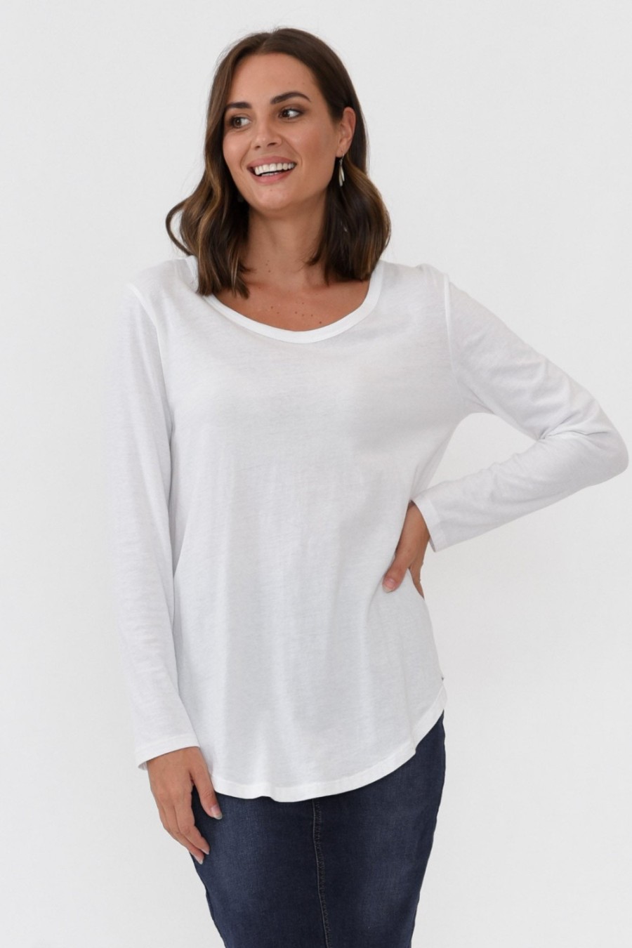 Clothing Betty Basics Cotton Tops | Megan White Cotton Long Sleeve Top