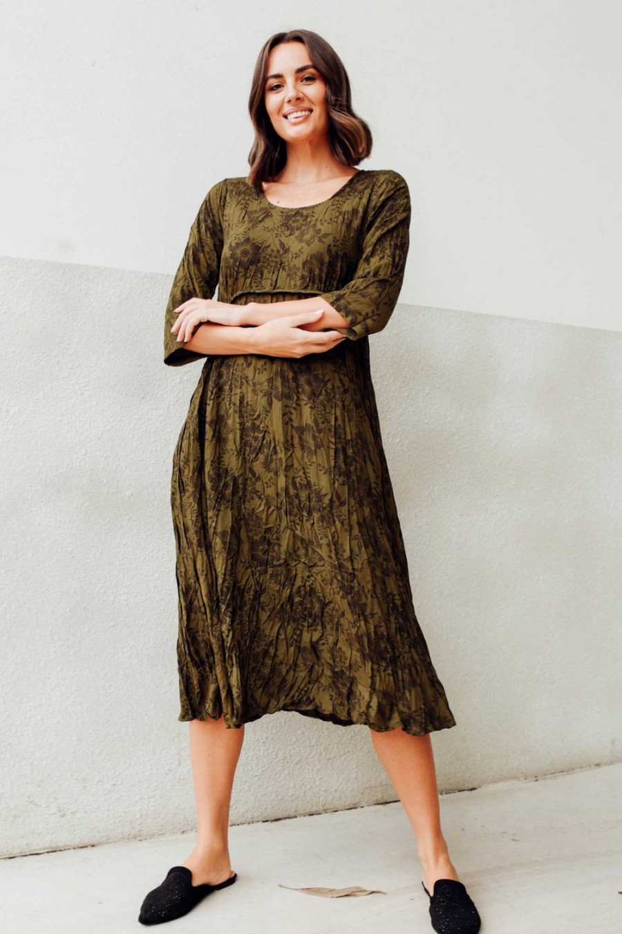 Clothing Willow Tree Below Knee Dresses | Soprano Khaki Garden Midi Dress