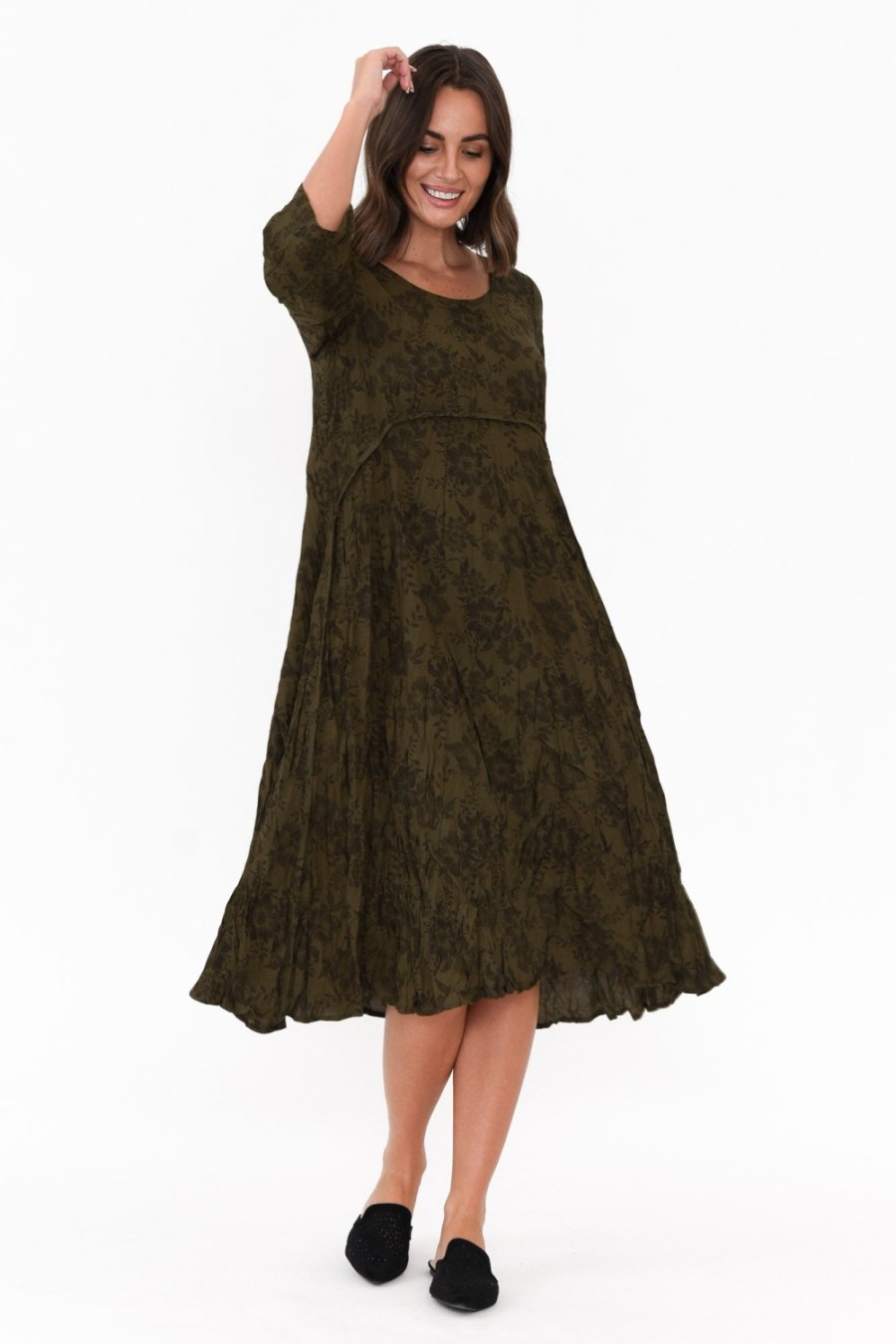 Clothing Willow Tree Below Knee Dresses | Soprano Khaki Garden Midi Dress