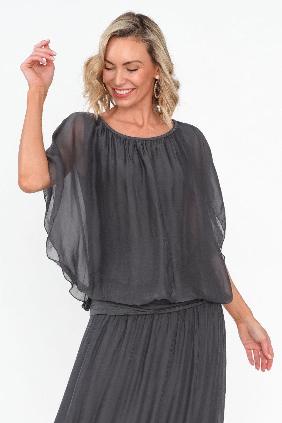 Clothing Fabuler Sleeved Tops | Evaline Charcoal Silk Layer Top